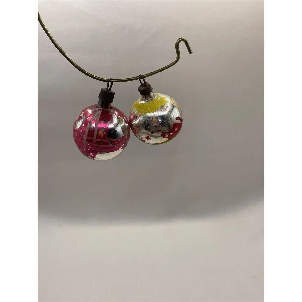 2 Vintage Mercury Glass Painted Christmas Ornaments Floral Striped Holiday Tree